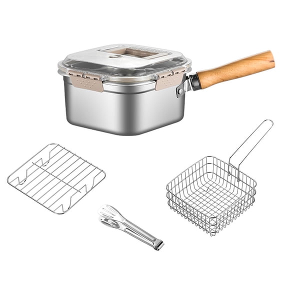 Shoreew Small Deep Fryer Pot Steamer Cookware Cooking Tool Wooden Handle Stainless Steel Portable Pan for Vegetables Camping Picnics