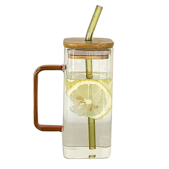 Shoreew Square Glass Tumbler with Handle And Lid 380ml Transparent Coffee Cup Portable Tea Milk Jar for Hot Cold Drinks