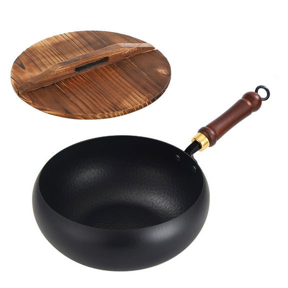 Shoreew Traditional Forged Iron Wok with Wooden Lid Non-Stick Uncoated Iron Pan Japanese Cookware for Gas Induction & Electric Stoves