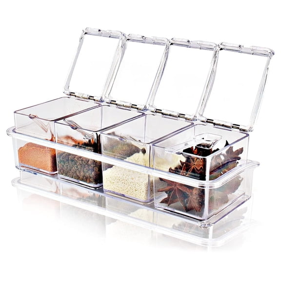 Shoreew Transparent Spice Container Set with Lids And Spoon 4-in-1 Kitchen Organizer for Salt Sugar Pepper Airtight Pantry Storage Jars