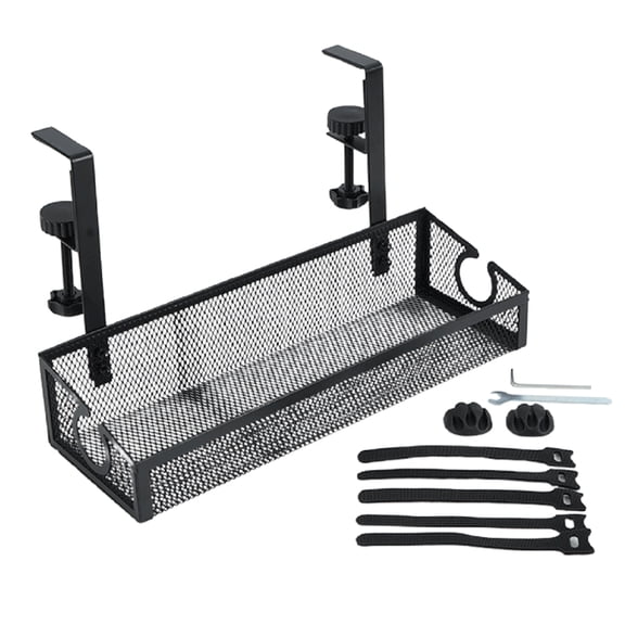 Shoreew Under-Desk Wire Organizer Storage Rack 6.8kg Load-capacity Anti-Rust Corrosion-Resistant Wire Management Box Tray with Clamp Mount