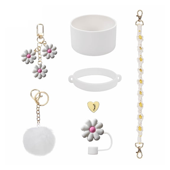Shoreew Water Bottle Sleeve Cup Protective Cover Set for Stanley Silicone Tumbler Sleeve with Handle Strap Floral Charms