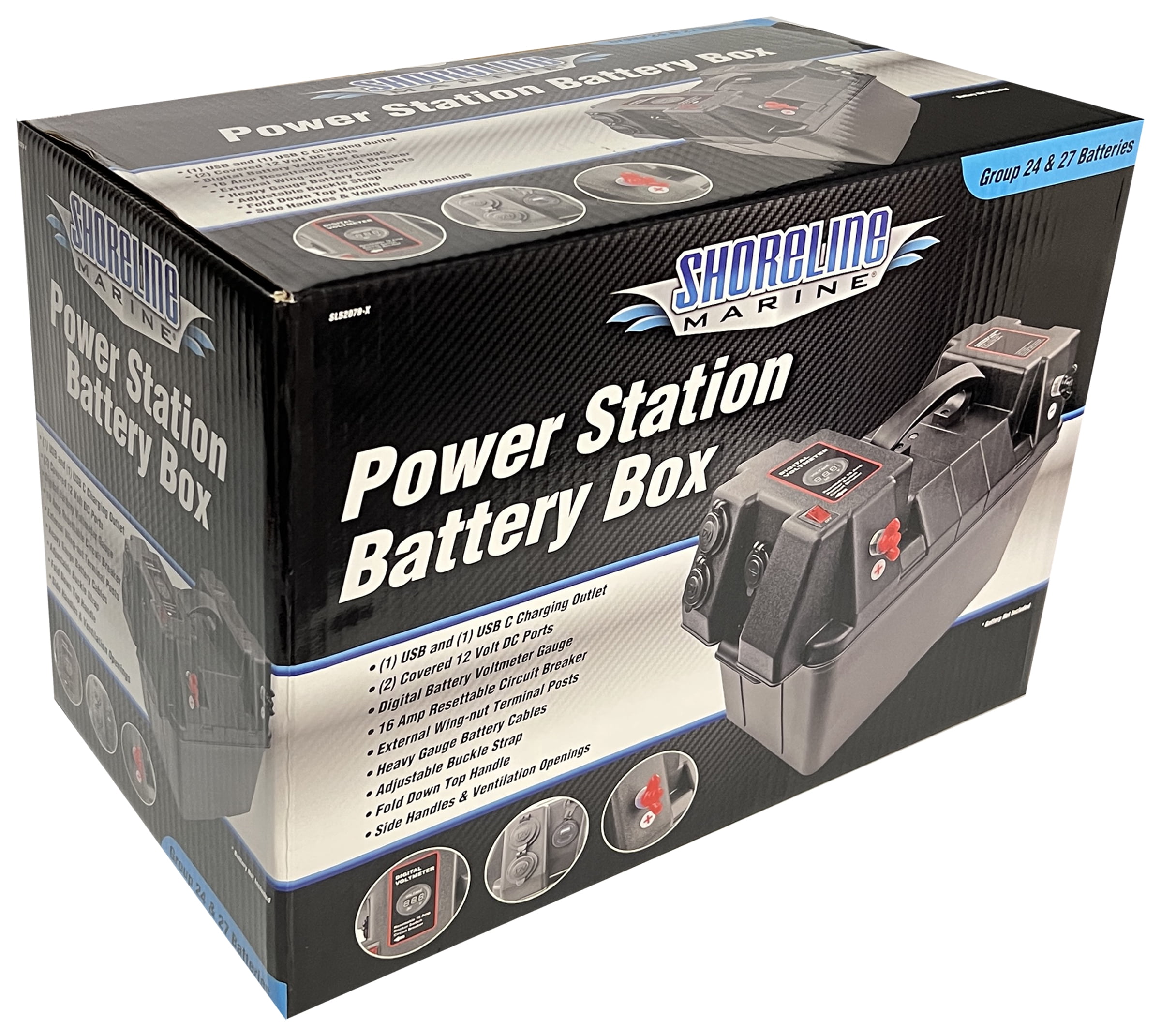 Shoreline Marine SL52079-X Deluxe Power Station Boat Battery Box with USB &  USB-C, fits 27m Battery