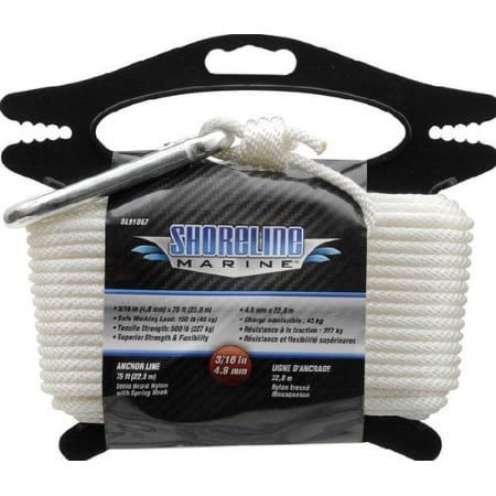 Shoreline Marine Solid Braid Nylon Anchor Line, 3/16 in x 75 ft, White