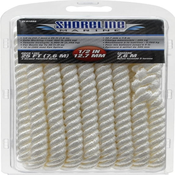 Shoreline Marine Twisted Nylon Dock Line, 1/2 in x 25 ft, White