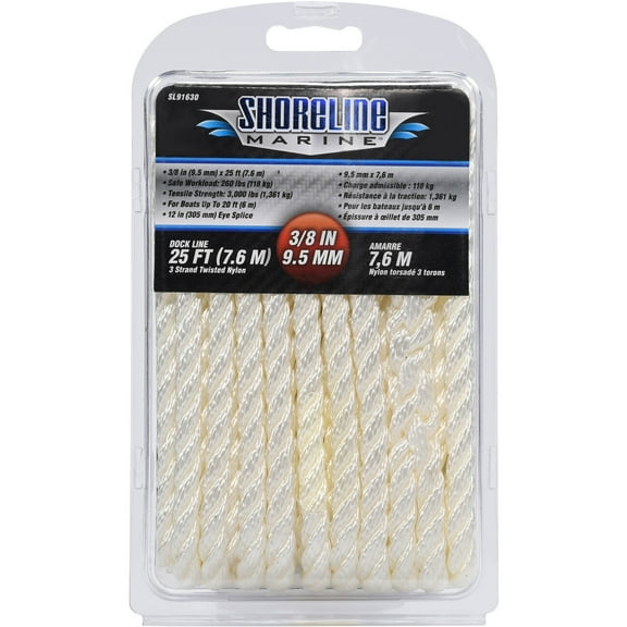 Shoreline Marine Twisted Nylon Dock Line, 3/8 in x 25 ft, White