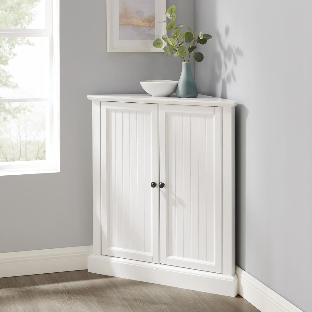 White Pinewood Corner Kitchen Pantry with Adjustable Shelving