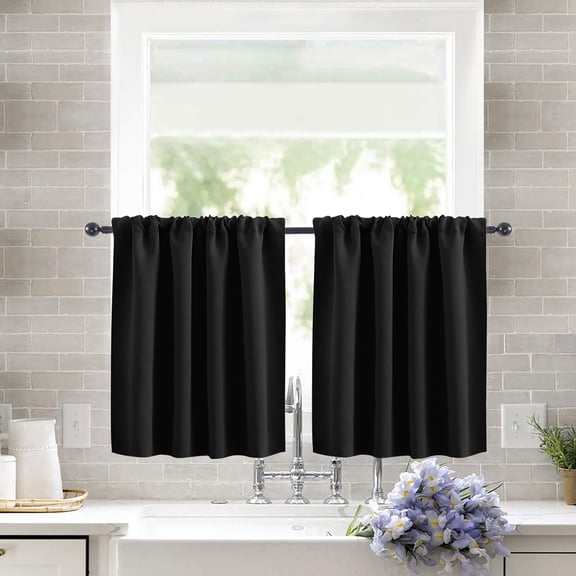 Short 100% Blackout Curtains for Small Bedroom Window, Insulating UV Blocking Drapes for Kitchen Cafe Basement Garage, Privacy Tiers for Bathroom Window, Width 30 by Length 36, Set of 2, Black