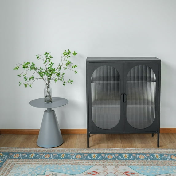 Short 2-Door 3 Shelf Steel Accent Cabinet with Fluted Glass-Black