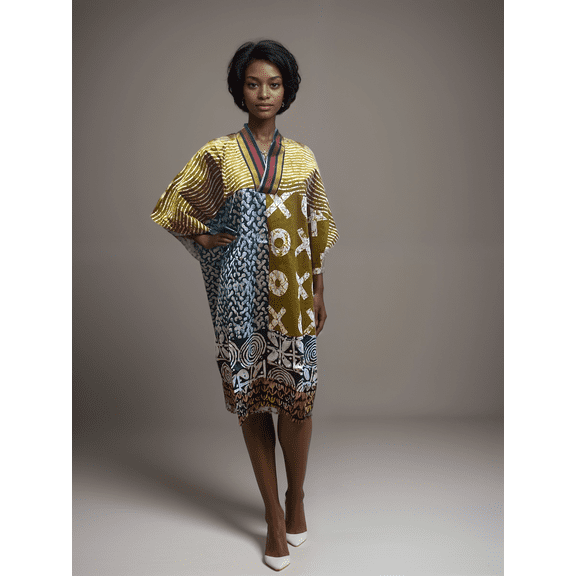 Short Adire Boubou Dress (Gold, ONESIZE)