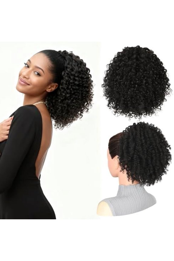 Short Afro Kinky Curly Drawstring Ponytail for Black Women, 10 Inch Ponytail Extension with 4  Combs, Quick Styling for Busy Mornings (2# Darkest Brown)