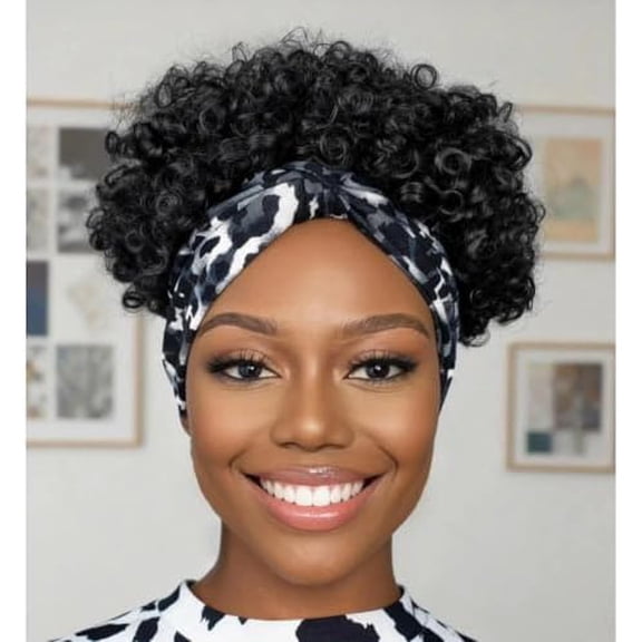 Short Afro Wigs for Black Women Afro Kinky Curly Wigs with Headbands Attached No Drawstring Leopard Short Headband Afro Puff Wigs for Black Women