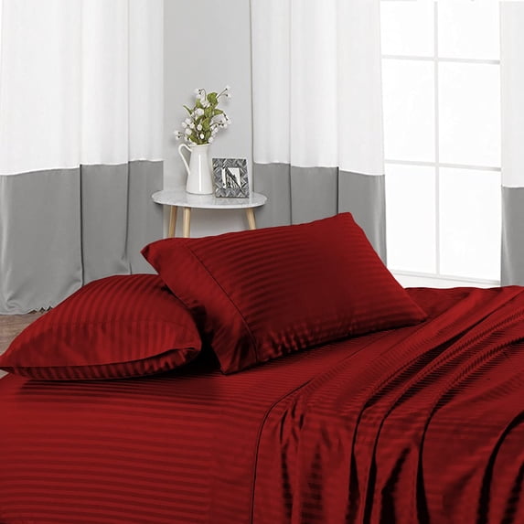 Short Alaska King Size 4 Piece Bed Sheet Set, 600 Thread Count, 16" Deep Pocket, Sateen Finish Sheet Set, Super Comfy, College Bed Sheet Set - Burgundy Stripe.