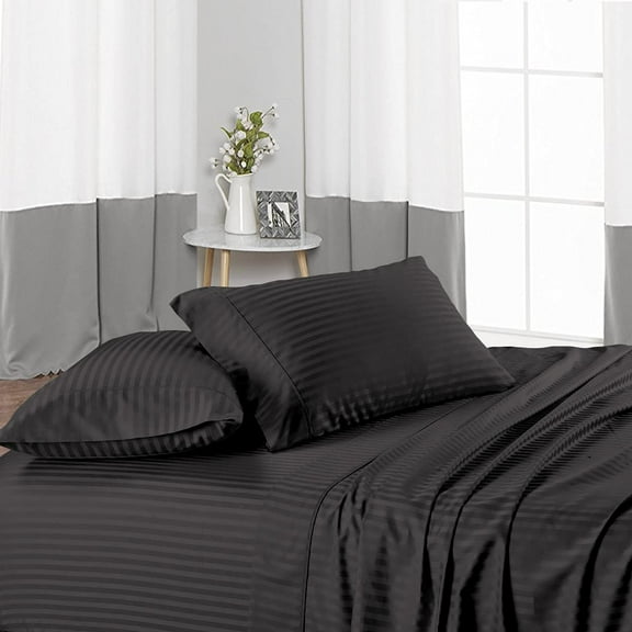 Short Alaska King Size Bed Sheet Set 4 Piece, 400 Thread Count, 12" Deep Pocket, 100% Egyptian Cotton, Sateen Finish, Extra Soft and Luxury - Dark Grey Stripe.
