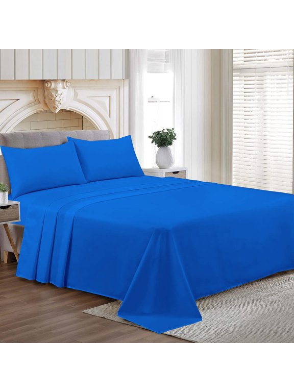 Short Alaskan King Size Egyptian Cotton Family King Sheet Set Premium 800 TC Super Soft Family King Bed Sheets Egyptian Blue Solid 18 Inch Deep Pocket 4PC- 1 Flat Sheet, 1 Fitted Sheet & 2 Pillowcase