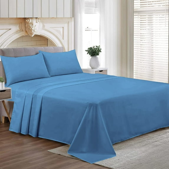 Short Alaskan King Size Egyptian Cotton Family King Sheet Set Premium 800 TC Family King Bed Sheets Mediterranean Blue Solid 27 Inch Deep Pocket 4PC- 1 Flat Sheet, 1 Fitted Sheet & 2 Pillowcase