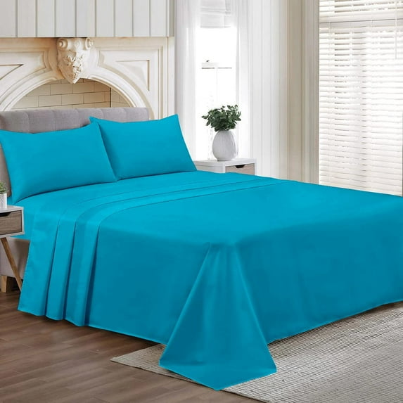 Short Alaskan King Size Egyptian Cotton Family King Sheet Set Premium 800 TC Family King Bed Sheets Turquoise Blue Solid 27 Inch Deep Pocket 4PC- 1 Flat Sheet, 1 Fitted Sheet & 2 Pillowcase