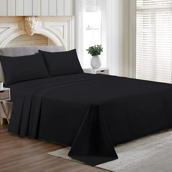 Short Alaskan King Size Egyptian Cotton Family King Sheet Set Premium 800 TC Softest Family King Bed Sheets Black Solid 30 Inch Deep Pocket 4PC- 1 Flat Sheet, 1 Fitted Sheet & 2 Pillowcase
