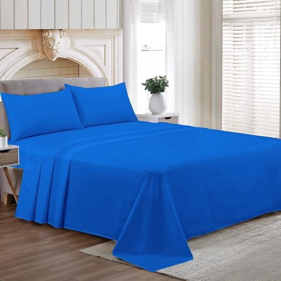 Short Alaskan King Size Egyptian Cotton Family King Sheet Set Premium 800 TC Softest Family King Bed Sheets Egyptian Blue Solid 30 Inch Deep Pocket 4PC- 1 Flat Sheet, 1 Fitted Sheet & 2 Pillowcase