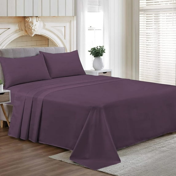 Short Alaskan King Size Egyptian Cotton Family King Sheet Set Premium 800 TC Softest Family King Bed Sheets Plum Solid 12 Inch Deep Pocket 4PC- 1 Flat Sheet, 1 Fitted Sheet & 2 Pillowcase