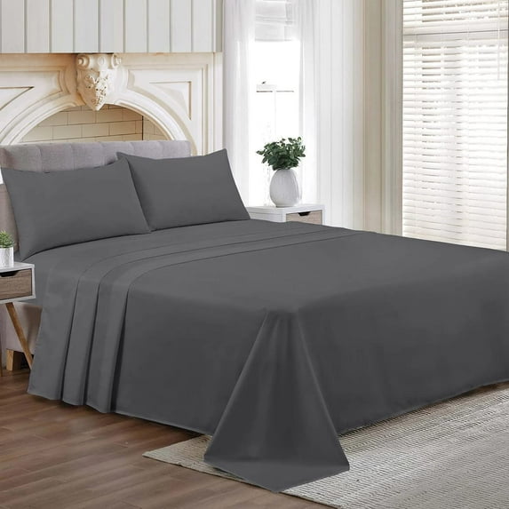 Short Alaskan King Size Egyptian Cotton Family King Sheet Set Premium 800 TC Super Soft Family King Bed Sheets Dark Gray Solid 24 Inch Deep Pocket 4PC- 1 Flat Sheet, 1 Fitted Sheet & 2 Pillowcase