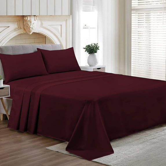 Short Alaskan King Size Egyptian Cotton Family King Sheet Set Premium 800 TC Super Soft Family King Bed Sheets Wine Solid 24 Inch Deep Pocket 4PC- 1 Flat Sheet, 1 Fitted Sheet & 2 Pillowcase