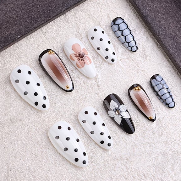 Short Almond Fake Nails 24pcs Polka Dot Flower Tortoiseshell Design