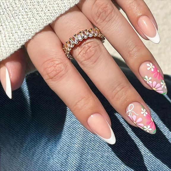 Short Almond Press On Nail Colorful Floral Design Artificial Nail Glossy French Manicure For Women And Girls 24pcs