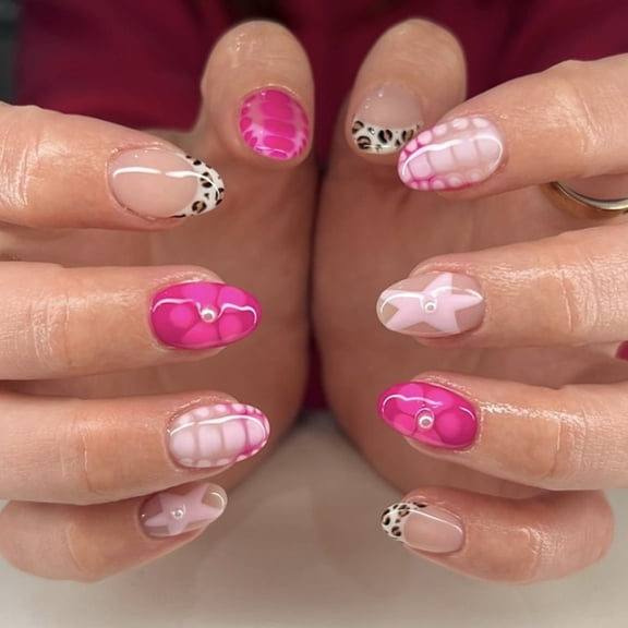 Short Almond Press-On Nails, Rose Red Floral & Star Design, Detachable False Nails, 24 Pieces
