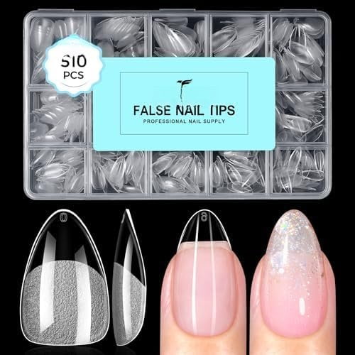Short Almond Tips, 510 count 15 Sizes Pre-Shaped Soft Gel Tips Almond Shape Clear Press Nails Extensions False Nails for Manicure Salon Beginner DIY