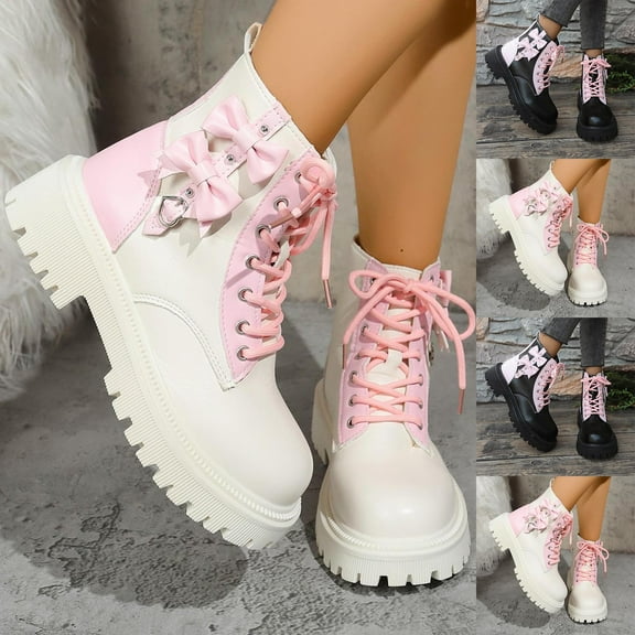 Short Ankle Boots Colorblock Bow Round Toe Lace-Up Chunky Mid-Heel Casual Women's Fashion Boots for Daily Wear