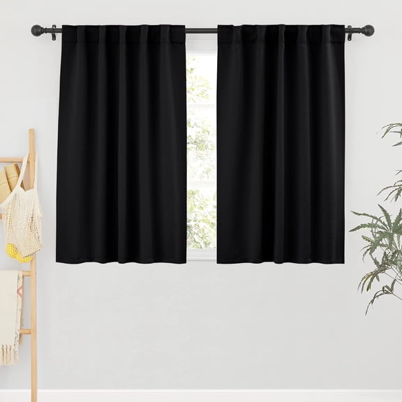 Short Bedroom Blackout Curtains - Small Window Treatment Set, Energy Saving Thermal Insulated Drapes for Living Room / Nursery / Kitchen, 42-Inch Wide x 45-Inch Long, Black, 2 Panels