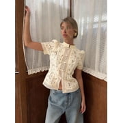 Short-Beige Women Short Sleeve Mandarin Collar Guipure Lace Puff Sleeve Button-Front Crop Blouse Elegant Sheer Floral Top