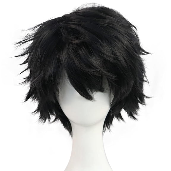 Short Black Cosplay Wig for Men, Fluffy Layered Anime Emo Wig for Halloween Christmas Party