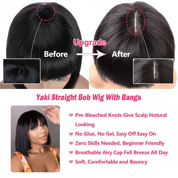 Short Black Human Hair Bob Wigs With Bangs 10 Inch Light Straight Realistic Scalp Glueless Non Lace Front Wig For Women Blunt Cut Bob Wigs 180% Density (bob 1B#, 8INCH) bob 1B# 8 Inch