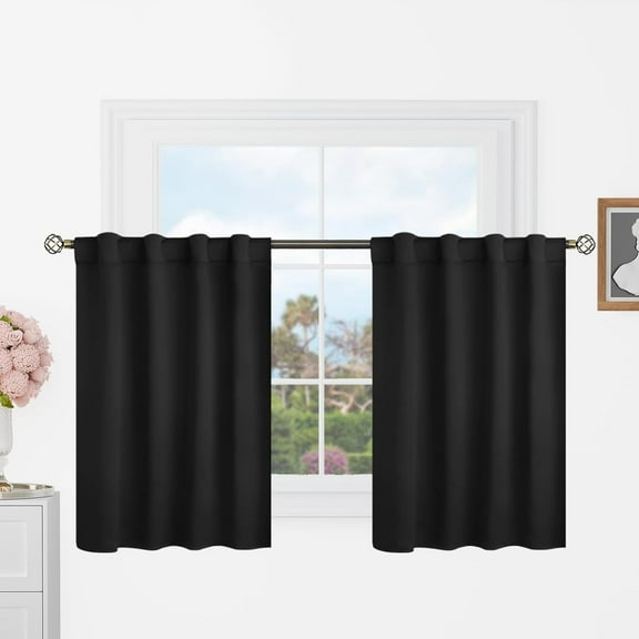 Short Black Kitchen Window Curtains Over Sink - Rod Pocket and Back Tab Thermal Insulated Drapes for Cafe/RV Camper/Bathroom, 2 Panels
