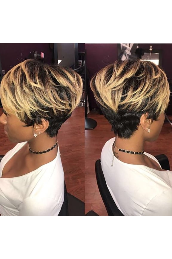 Short Black Mixed Blonde Pixie Cut Wigs,Synthetic Highlight Wigs with Bangs,Natural Layered Hair Replacement,Yellow,4oz,11.8in