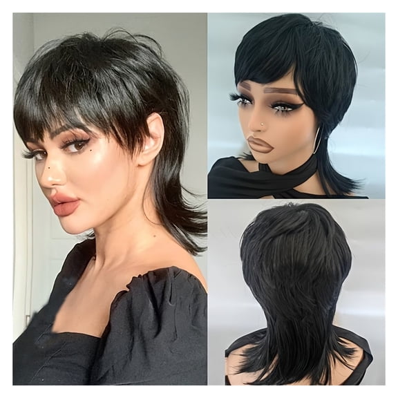 Short Black Mullet Bob Wig with Bangs Fluffy Layered Curly Synthetic Hair