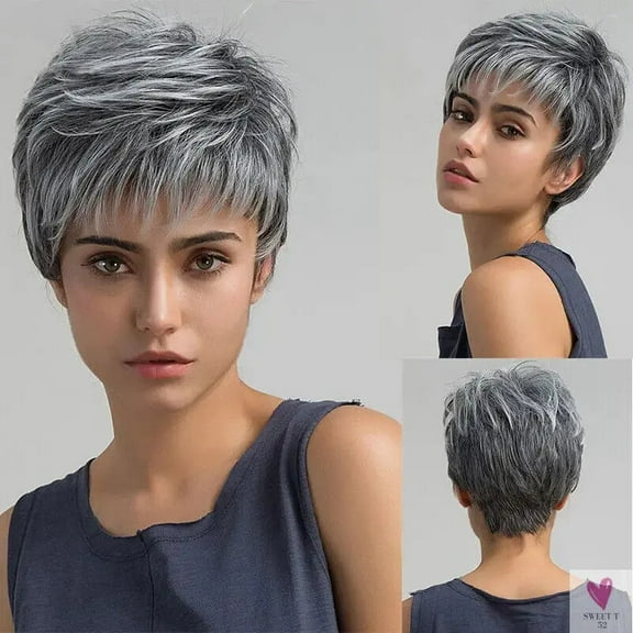 Short Salt & Pepper, Pixie Cut, Straight, Slightly Layered, Synthetic Wig for Women & Girls