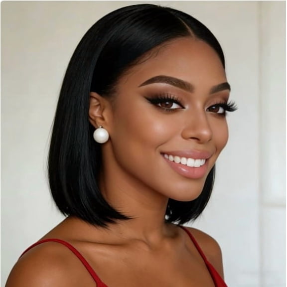 Short Black Straight Wig for Women - Middle Part Bobo Style - High Temperature Silk Synthetic Hair with Breathable Button Mesh Hood