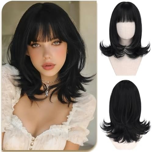 Short Black Wig with Bang for Women - 15 Inch  Length Layered Straight Bob Wigs  Looking Synthetic Soft Heat Resistant Wig for Women Daily Party Use, Black