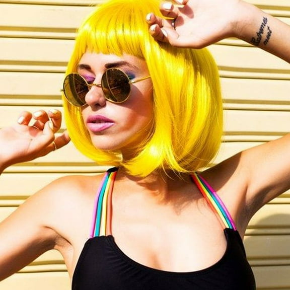Yellow Straight Short Bob Wigs with Bangs 100% Brazilian Virgin Human Hair Glueless 130% Density Wig Flat Bang for Black Women Cosplay Daily Party Machine Made (10 Inch)