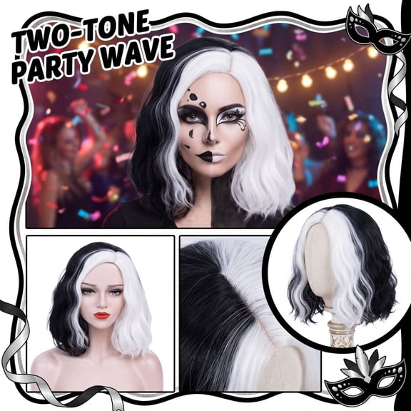 Short Black and White Split Color Wig, Heat Resistant Synthetic Curly Bob Hairpiece for Women, Vintage Two Tone Costume Cosplay Party Halloween Prop