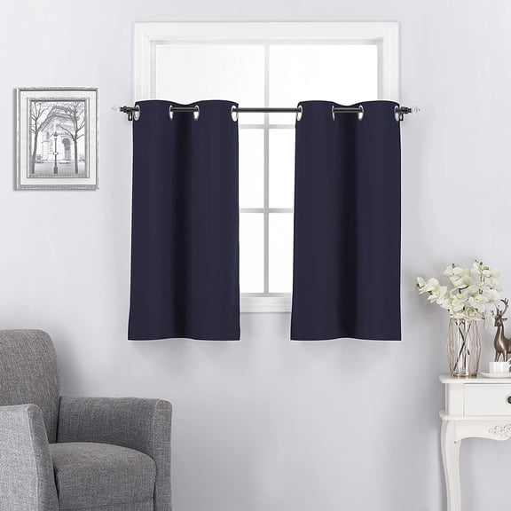 Short Blackout Curtain Tiers for Kitchen - Half Window Covering for Bathroom / Nursey / Basements (30 by 36 inches, Navy Blue, 2 Panels)