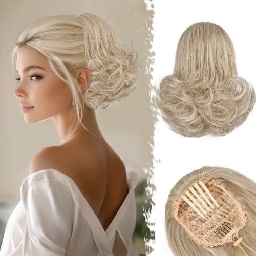 Short Blonde Drawstring Ponytail - 10 Inch Wavy Comb Clip Ponytail Extensions for Women - Synthetic Clip in Ponytails Hairpieces  Pony Tails Daily - Medium Blonde with Highlights