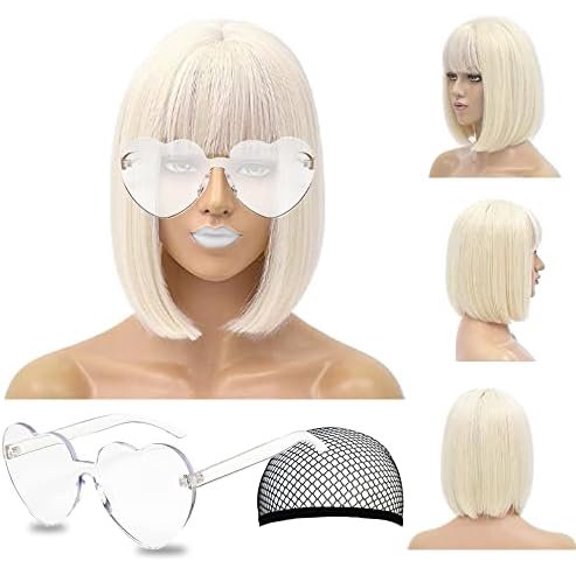 Short Bob Hair Wigs Straight with Flat Bangs Synthetic Colorful Daily Party Neon Wig for Women + Free Wig Cap 12" As Real 10" Heat Resistant Synthetic Hair,Blond