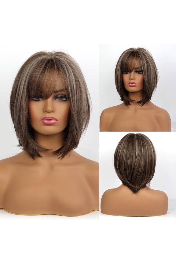 Short Bob Hair Wigs Straight with Flat Bangs Synthetic Colorful Cosplay Daily Party Wig for Women Natural As Real Hair (Brown)