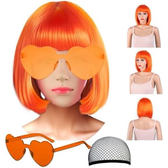 Short Bob Hair Wigs Straight with Flat Bangs Synthetic Colorful Daily Party Neon Wig for Women + Free Wig Cap 12" As Real (Bob, Orange)
