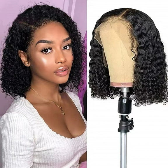 Short Bob Lace Front Human Hair Wigs for Black Women, Curly Wigs with Pre-Plucked Natural Hairline - Black