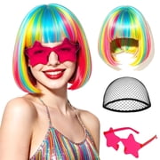 Short Bob Straight Hair Wigs with Bangs, Synthetic Fiber Colorful Hair, Star-shaped Glasses for Women Rainbow